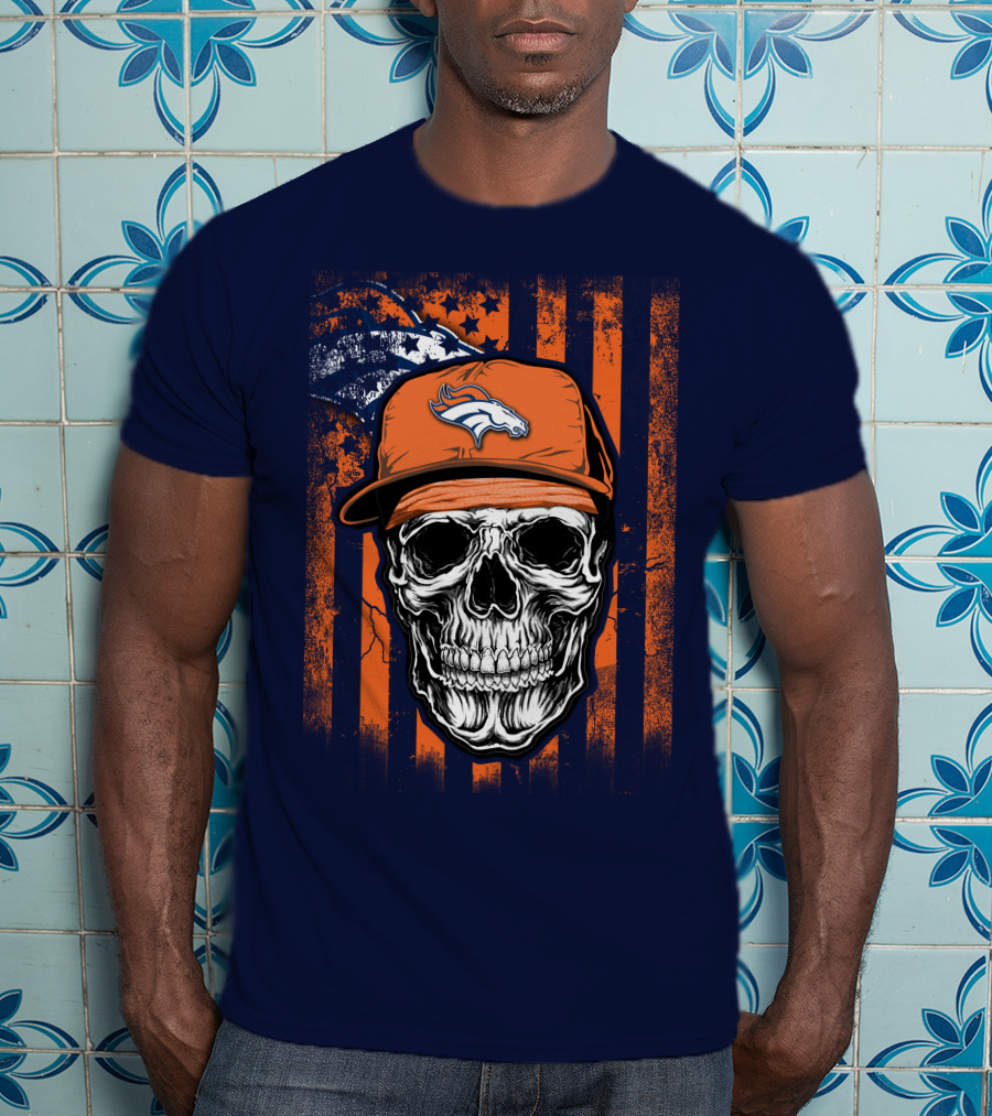 Skull V1 Denver Broncos Flag Style Football Skull Cap T-Shirt
