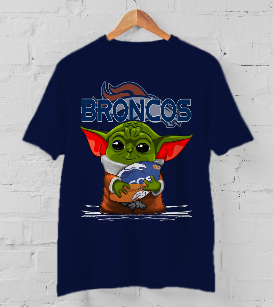 Yoda Holding Denver Broncos Logo With Baby Alien In Orange Robe T-Shirt