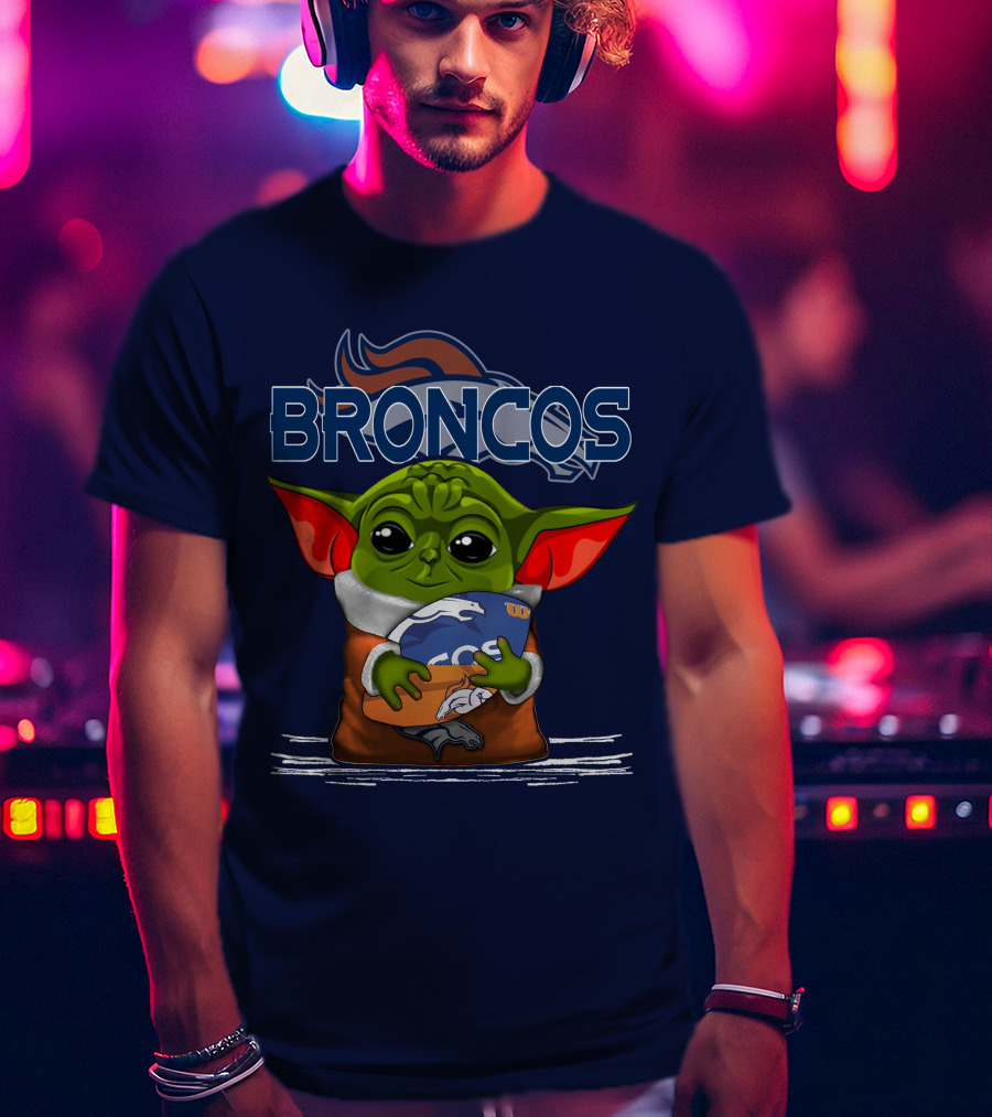 Yoda Holding Denver Broncos Logo With Baby Alien In Orange Robe T-Shirt