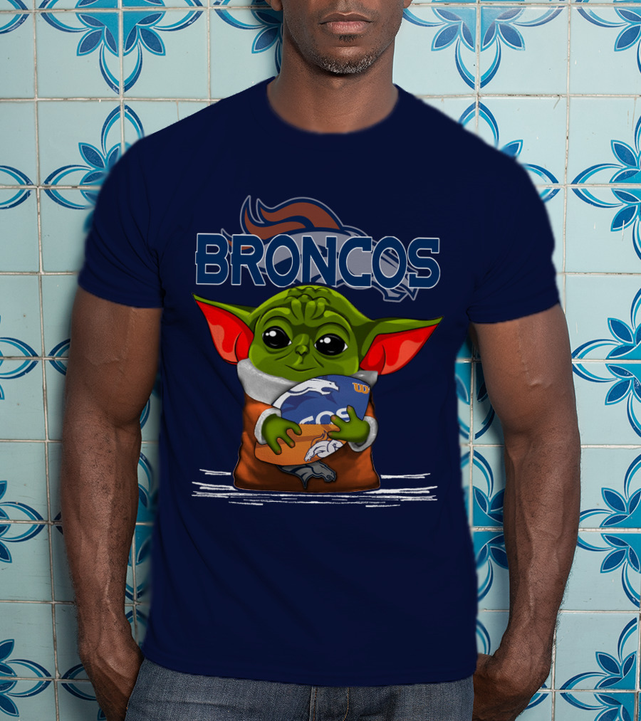 Yoda Holding Denver Broncos Logo With Baby Alien In Orange Robe T-Shirt