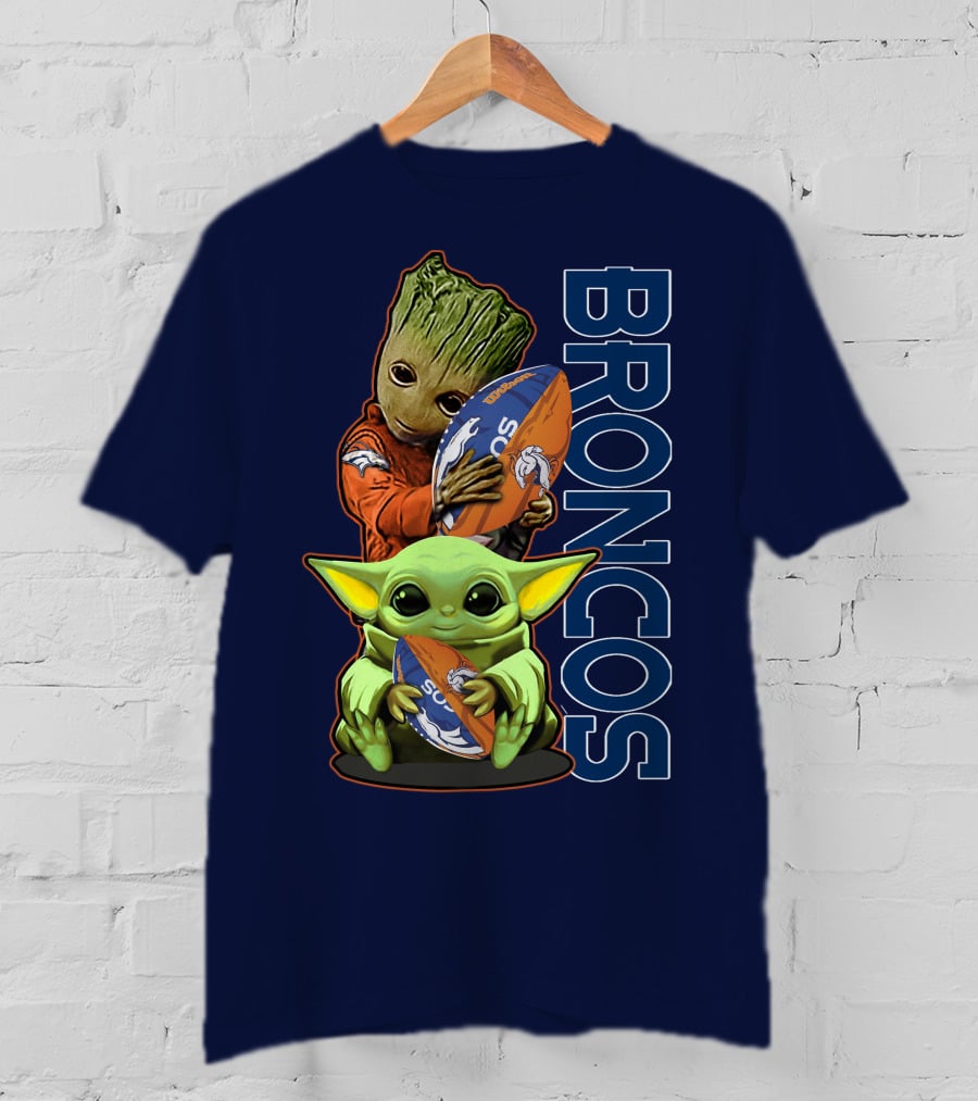 Grzd Denver Broncos Groot And Baby Yoda Holding Broncos Football T-Shirt