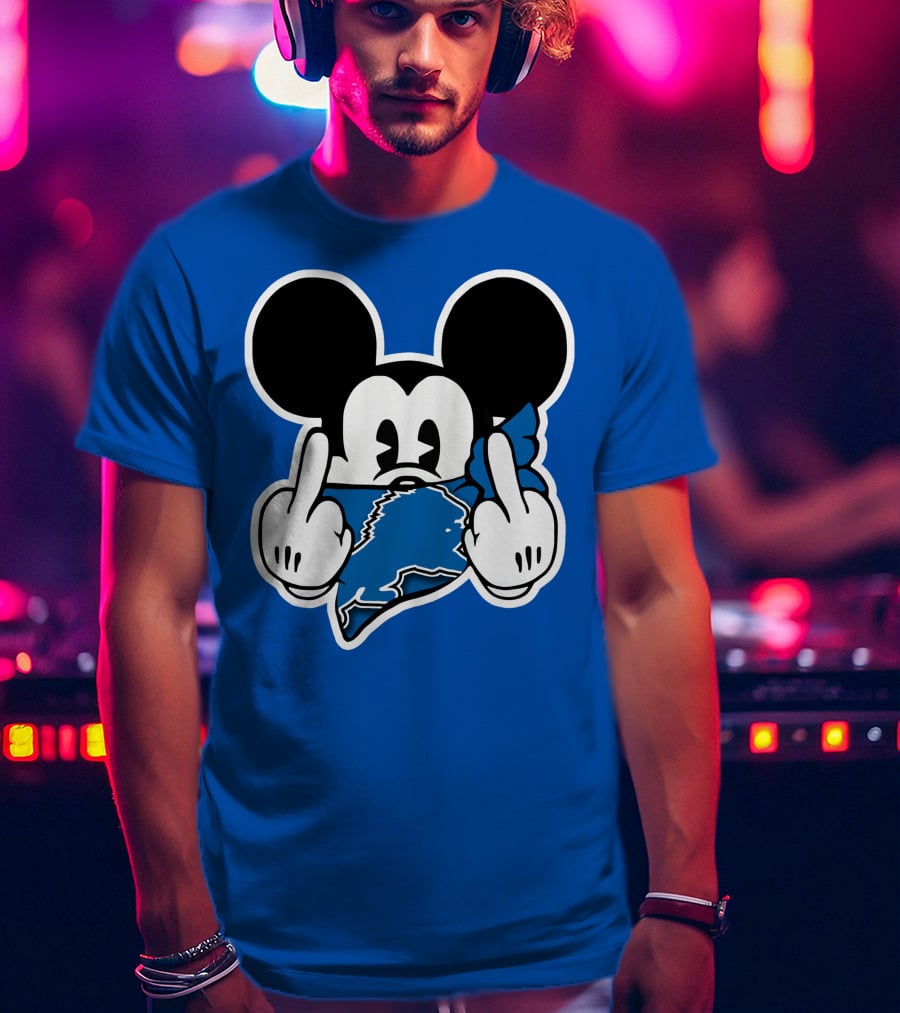 Detroit Lions 53 Mickey Mouse Gesture Blue Bandana T-Shirt
