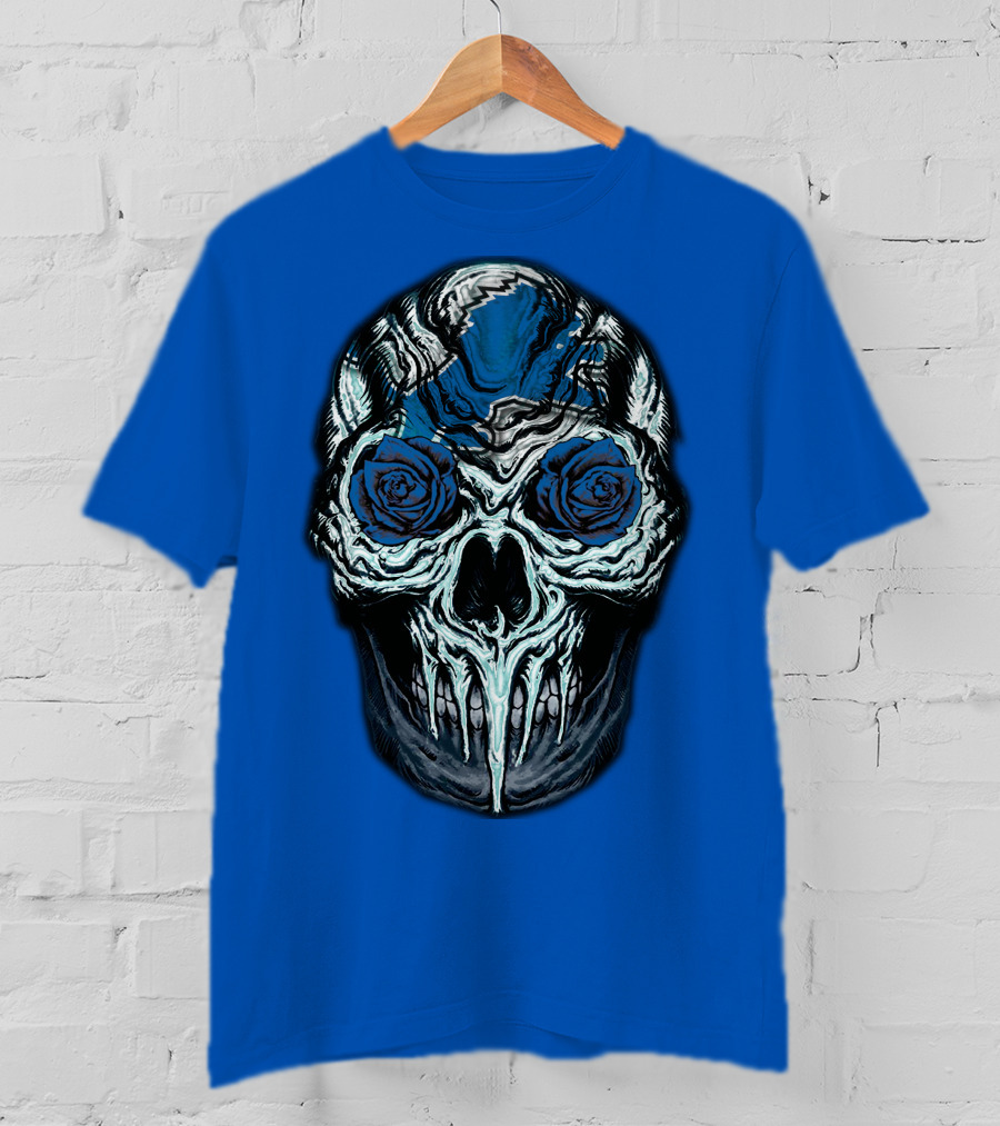 Detroit Lions 57 Skull Blue Roses T-Shirt