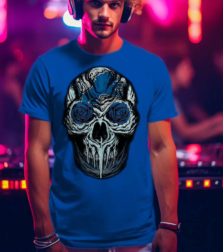 Detroit Lions 57 Skull Blue Roses T-Shirt
