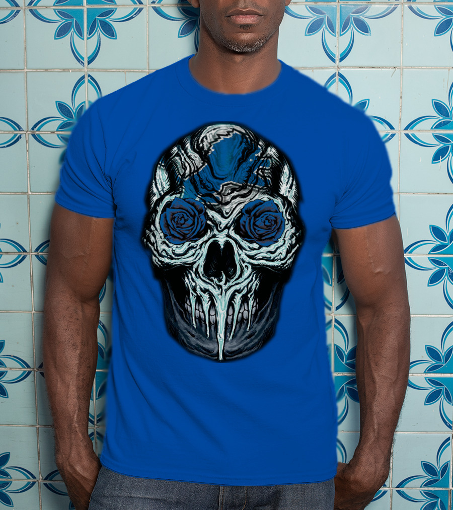 Detroit Lions 57 Skull Blue Roses T-Shirt