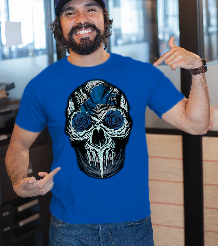 Detroit Lions 57 Skull Blue Roses T-Shirt