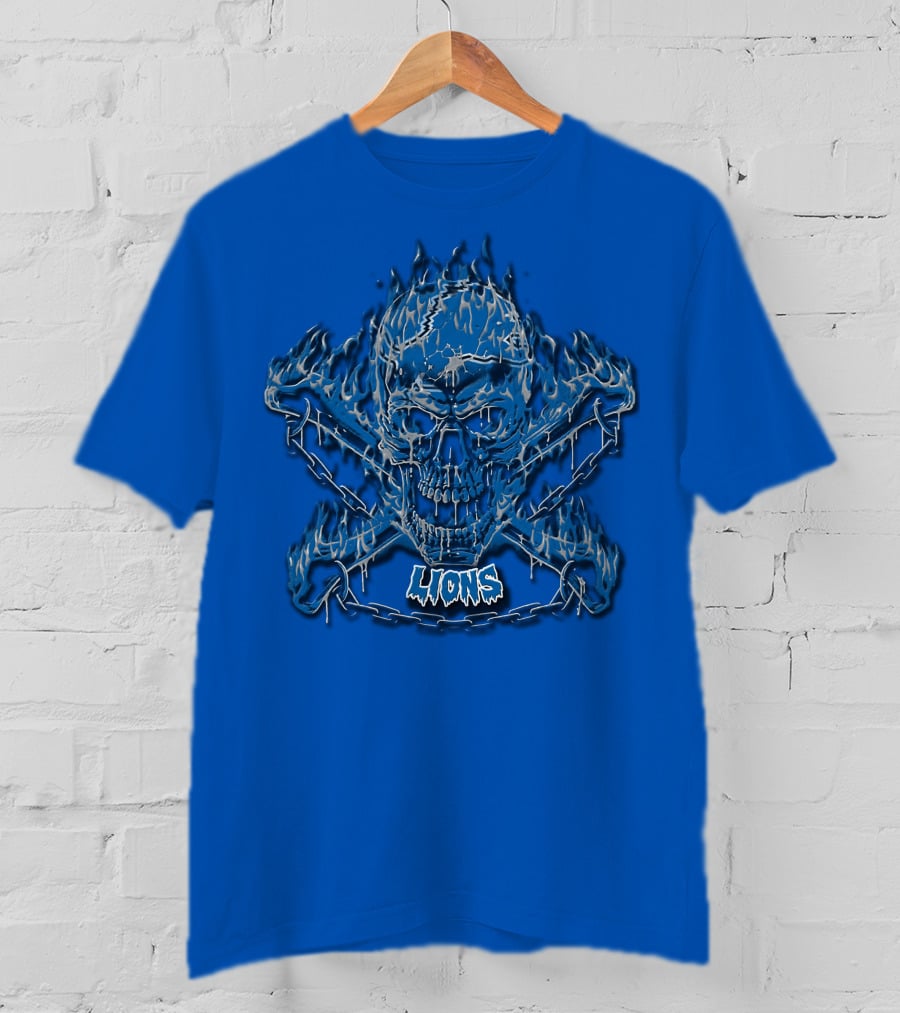 Detroit Lions Skull And Crossbones Fiery Blue T-Shirt