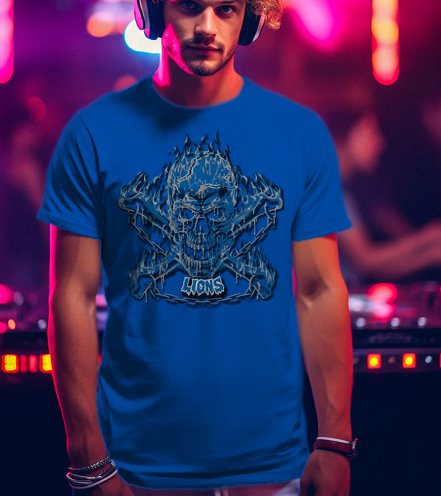 Detroit Lions Skull And Crossbones Fiery Blue T-Shirt