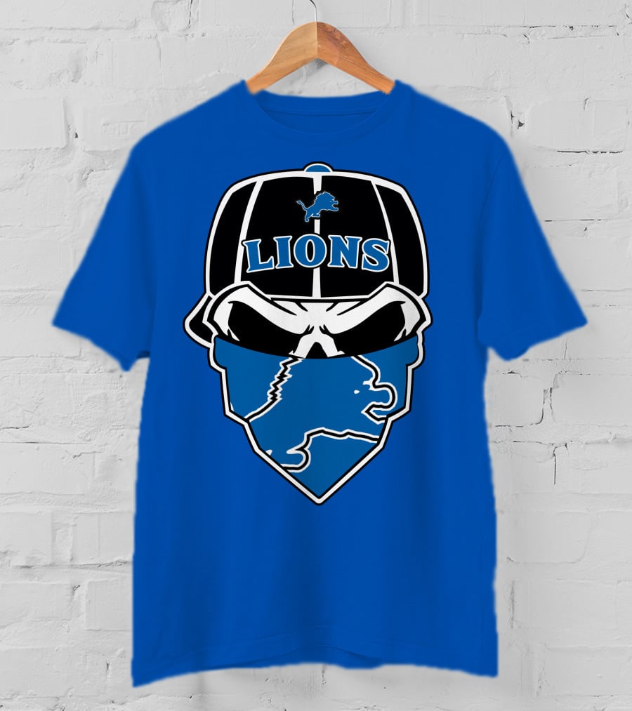 Detroit Lions Skull Bandana Cap Logo Blueprint T-Shirt