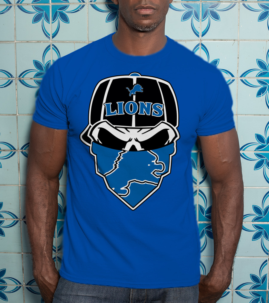 Detroit Lions Skull Bandana Cap Logo Blueprint T-Shirt