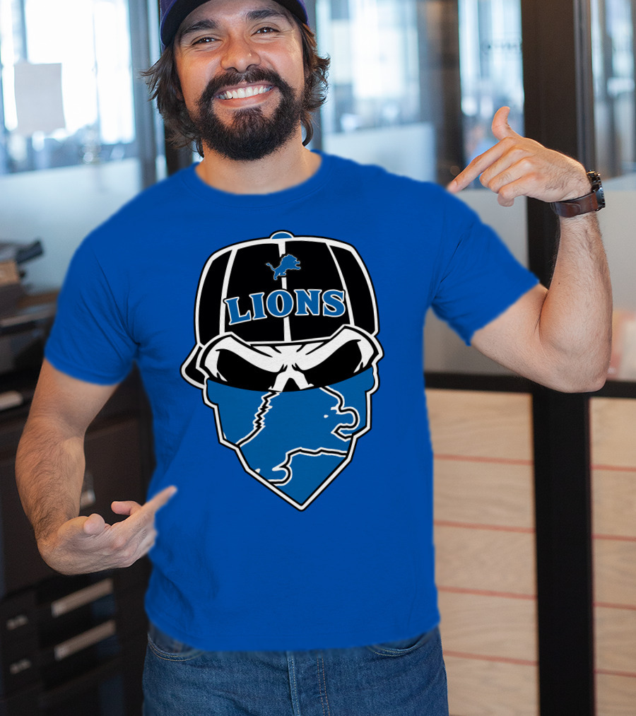 Detroit Lions Skull Bandana Cap Logo Blueprint T-Shirt