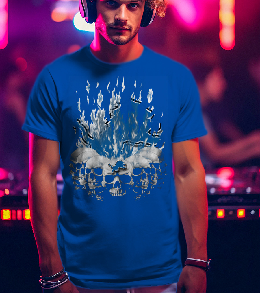 Detroit Lions 16 Flaming Skulls T-Shirt