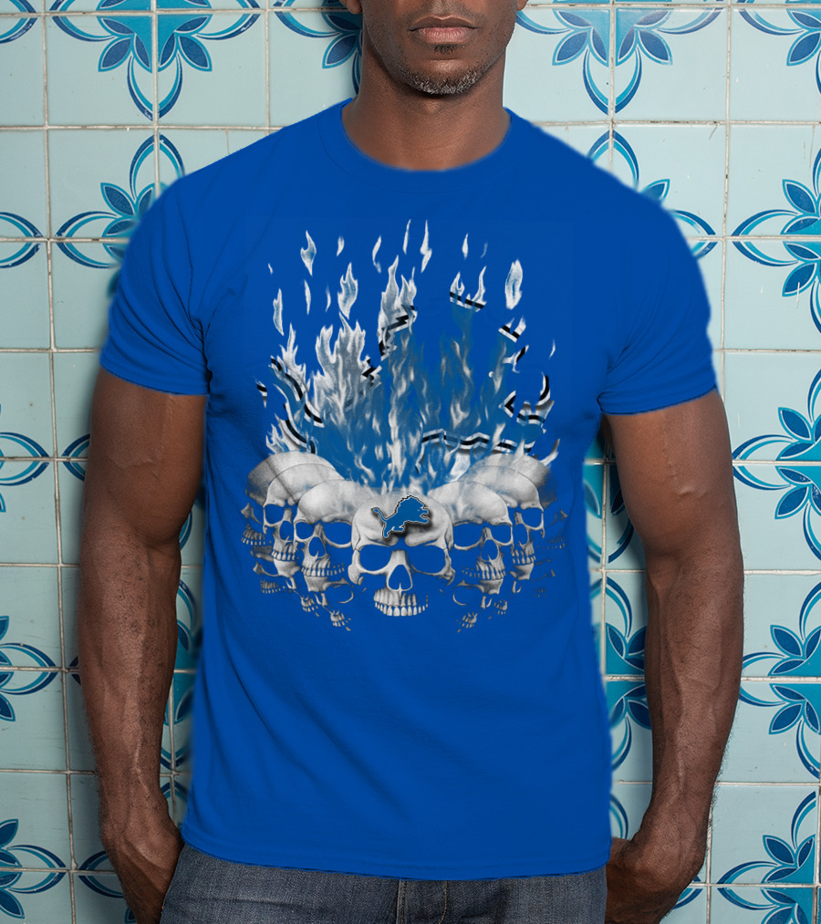 Detroit Lions 16 Flaming Skulls T-Shirt