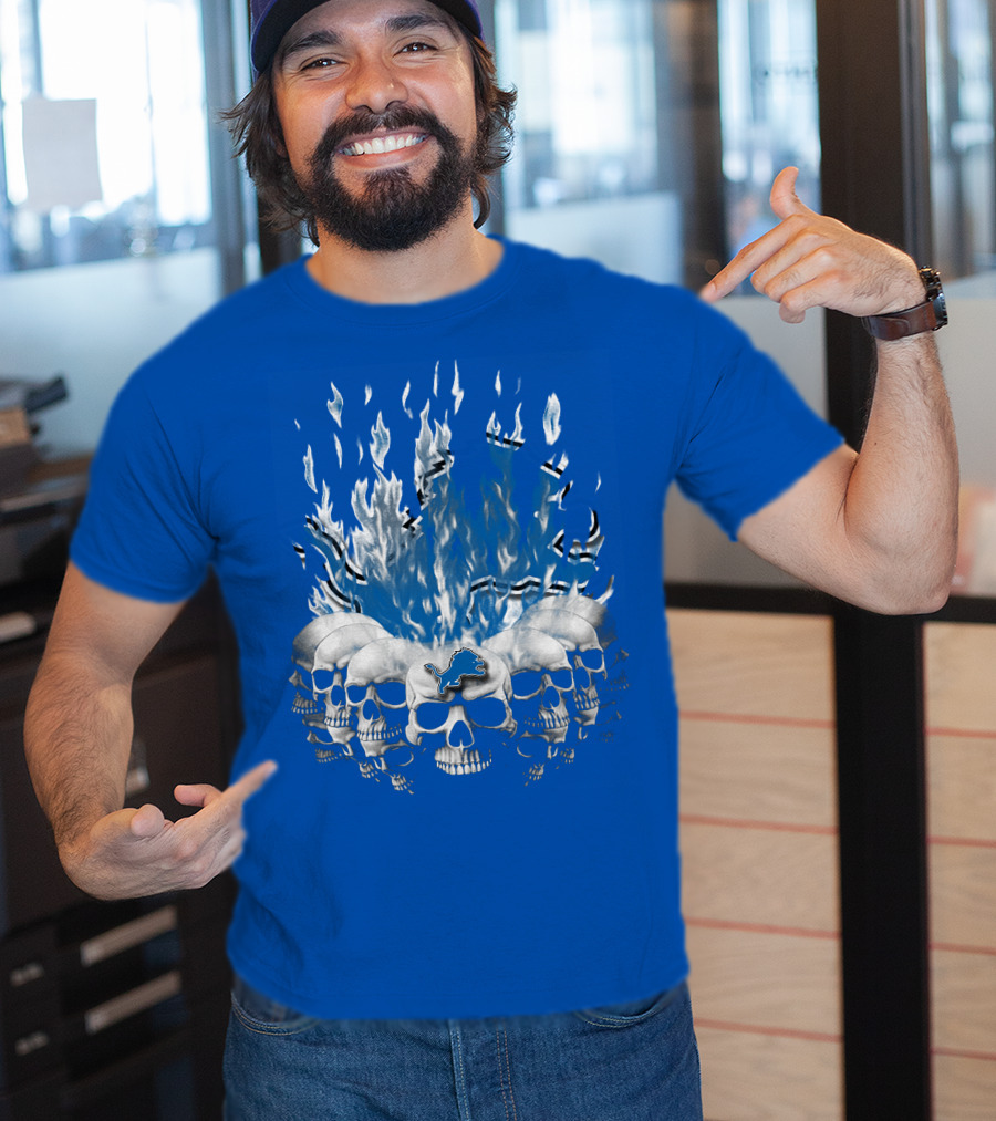 Detroit Lions 16 Flaming Skulls T-Shirt