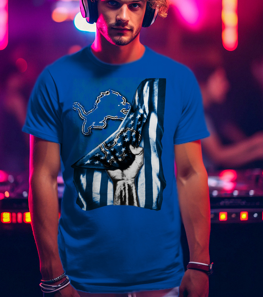 Flag V1 Detroit Lions Blue And White Stars And Stripes Fist T-Shirt