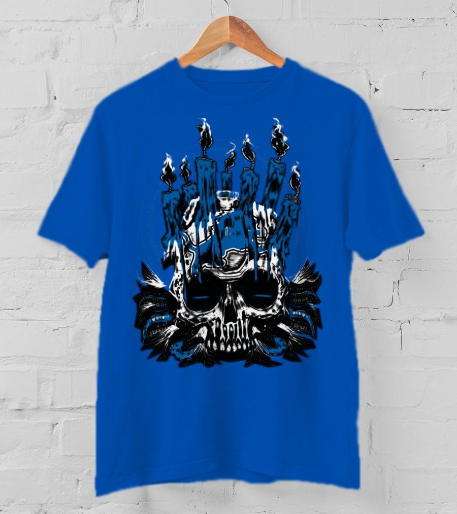 Detroit Lions Skull With Blue Flames And Candles T-Shirt
