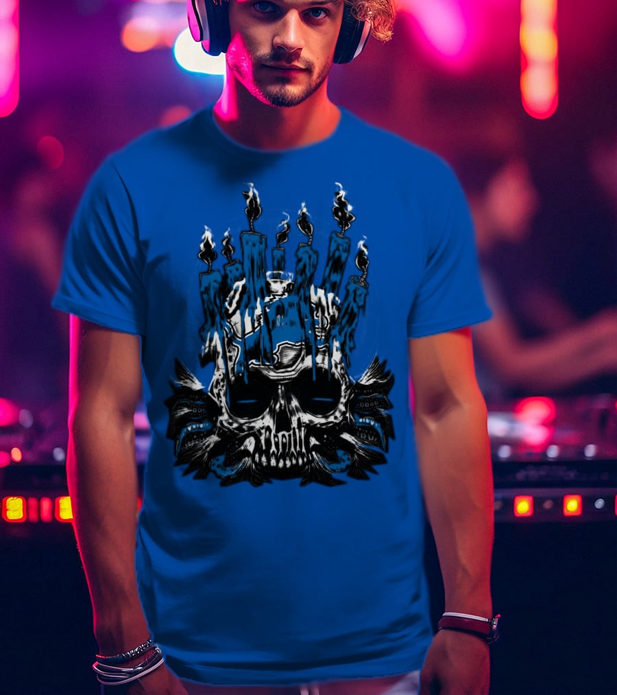 Detroit Lions Skull With Blue Flames And Candles T-Shirt