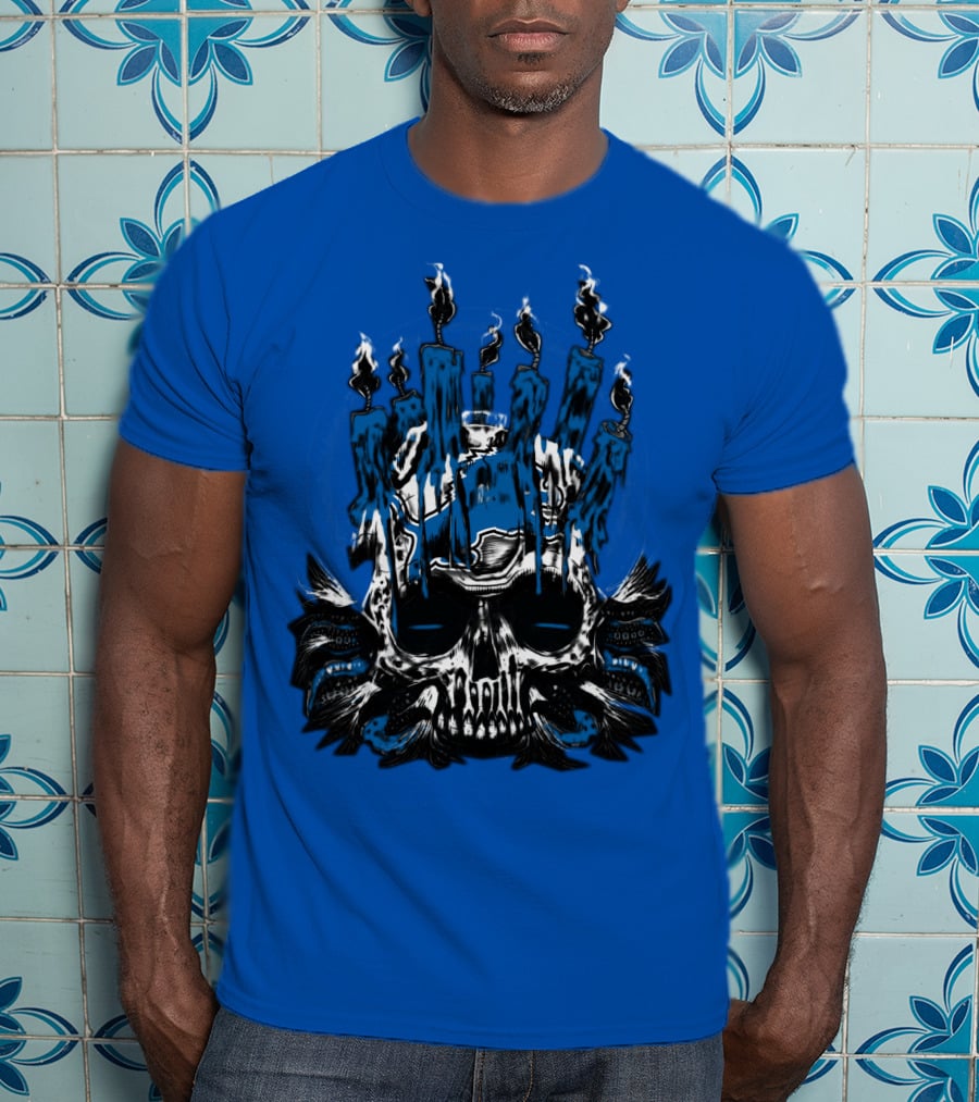 Detroit Lions Skull With Blue Flames And Candles T-Shirt
