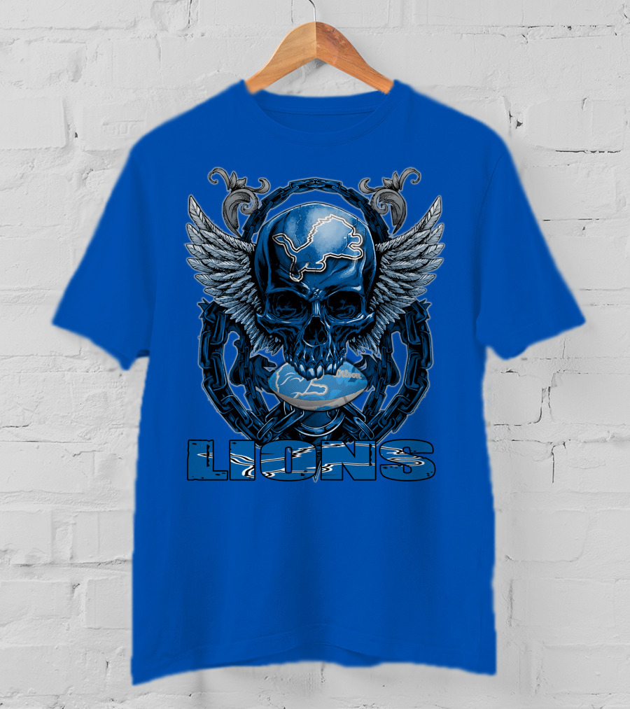 Winged Skull Detroit Lions Emblem Blue Silver Chains T-Shirt