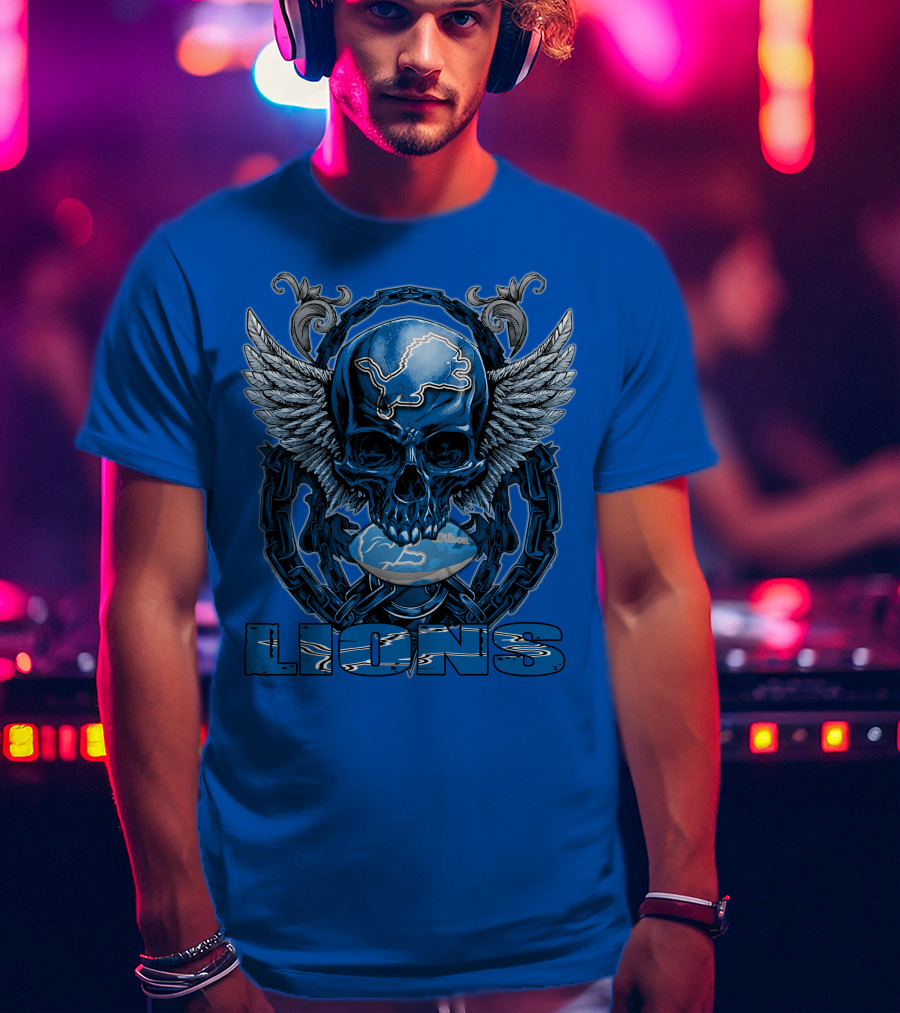 Winged Skull Detroit Lions Emblem Blue Silver Chains T-Shirt