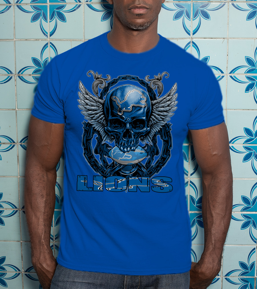 Winged Skull Detroit Lions Emblem Blue Silver Chains T-Shirt