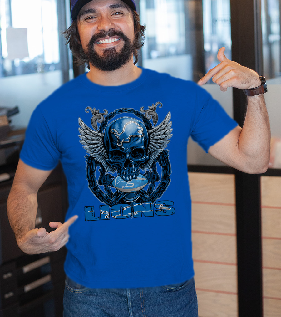Winged Skull Detroit Lions Emblem Blue Silver Chains T-Shirt