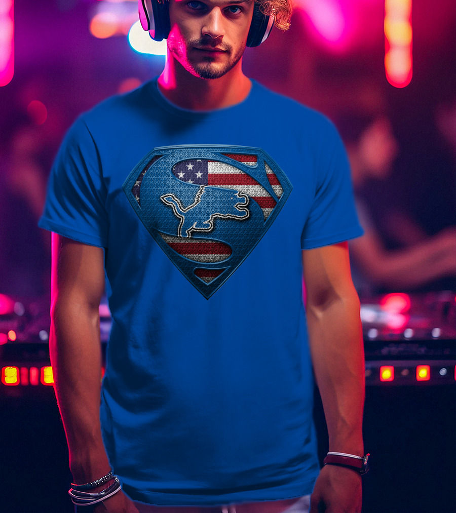 Spm Detroit Lions Superman Shield American Flag T-Shirt