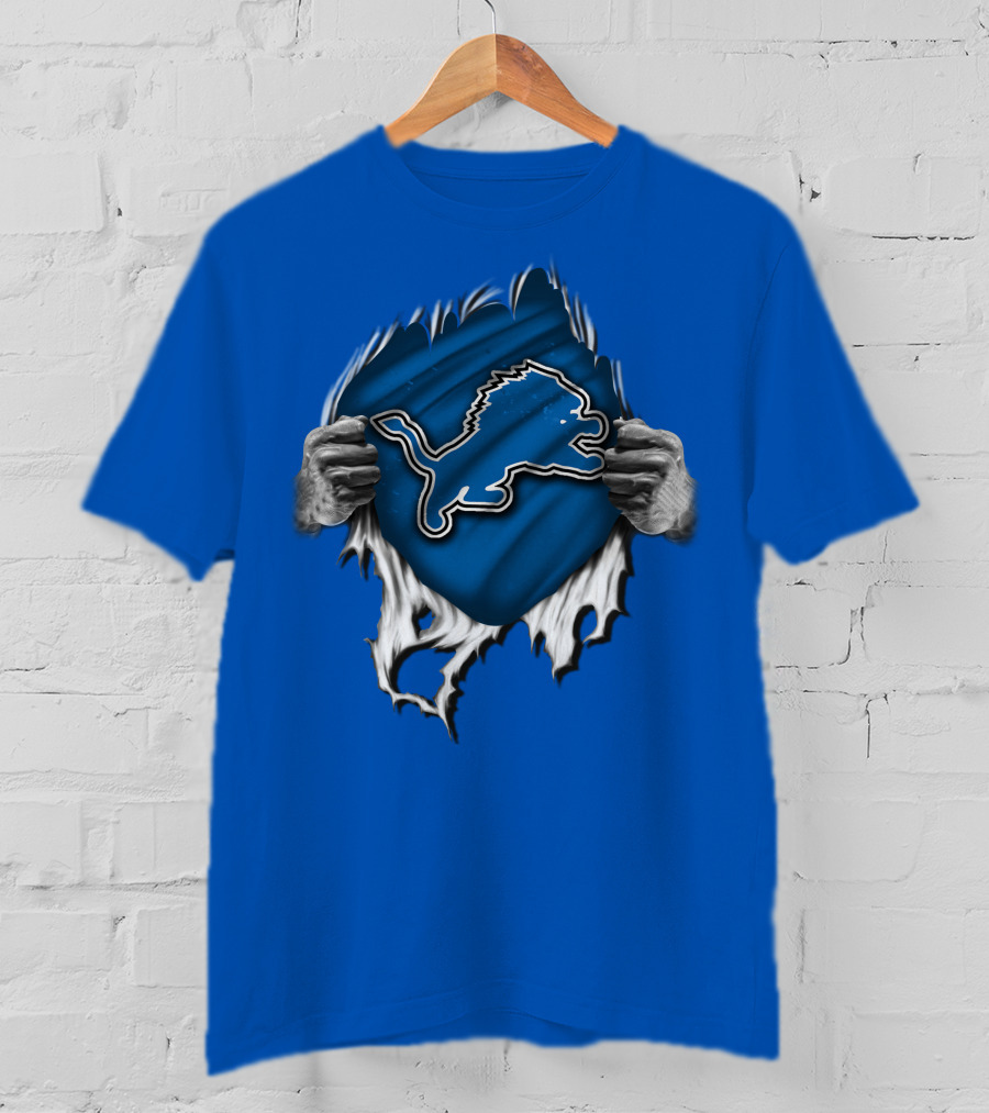 Torn DETROIT LIONS Logo Revealed Through Ripped Blue Fabric T-Shirt