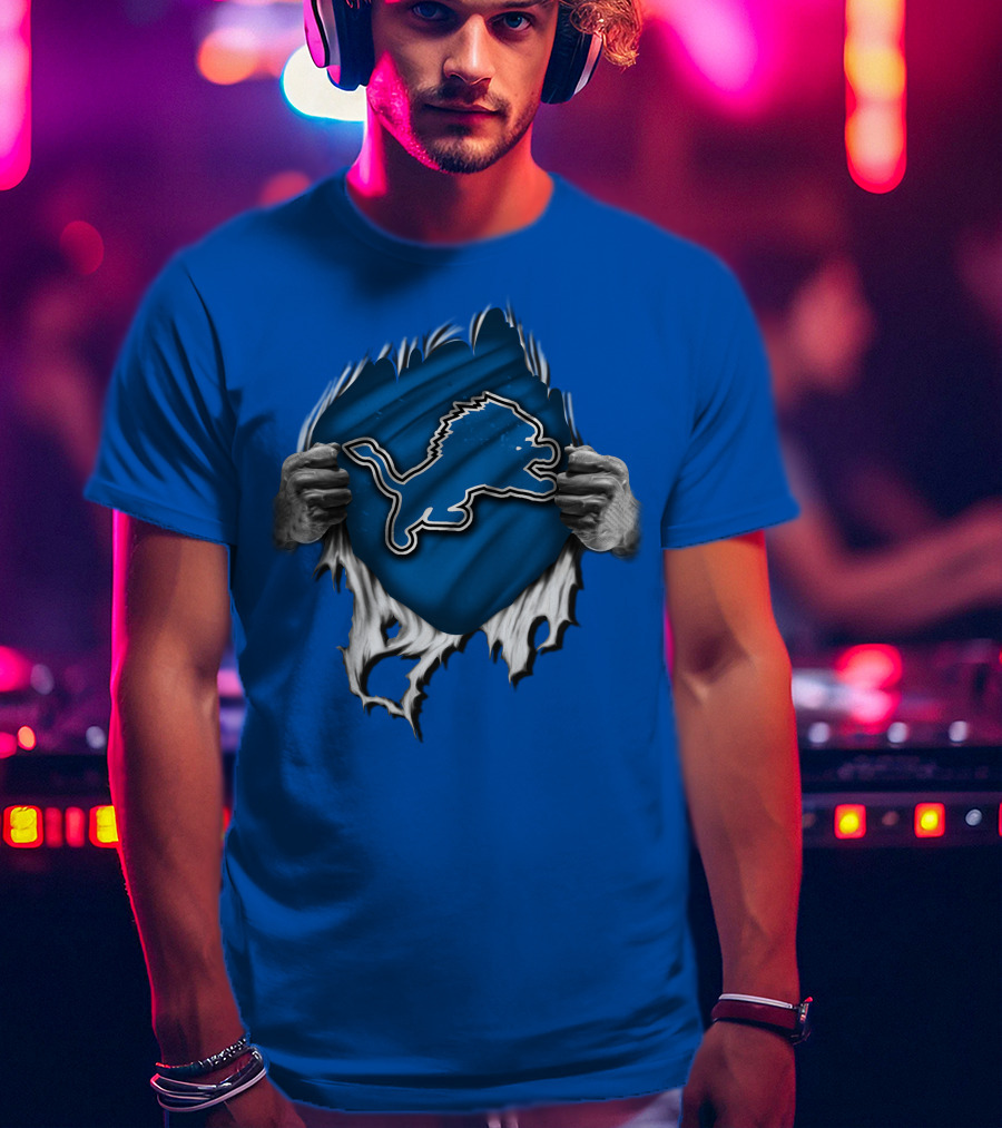 Torn DETROIT LIONS Logo Revealed Through Ripped Blue Fabric T-Shirt