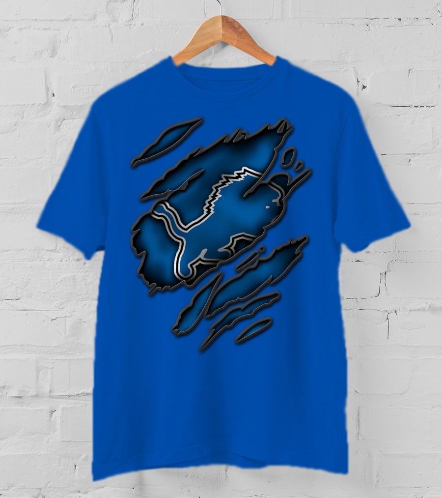 Torn Detroit Lions Blue Texture With Iconic Lion Logo In Claw Marks T-Shirt