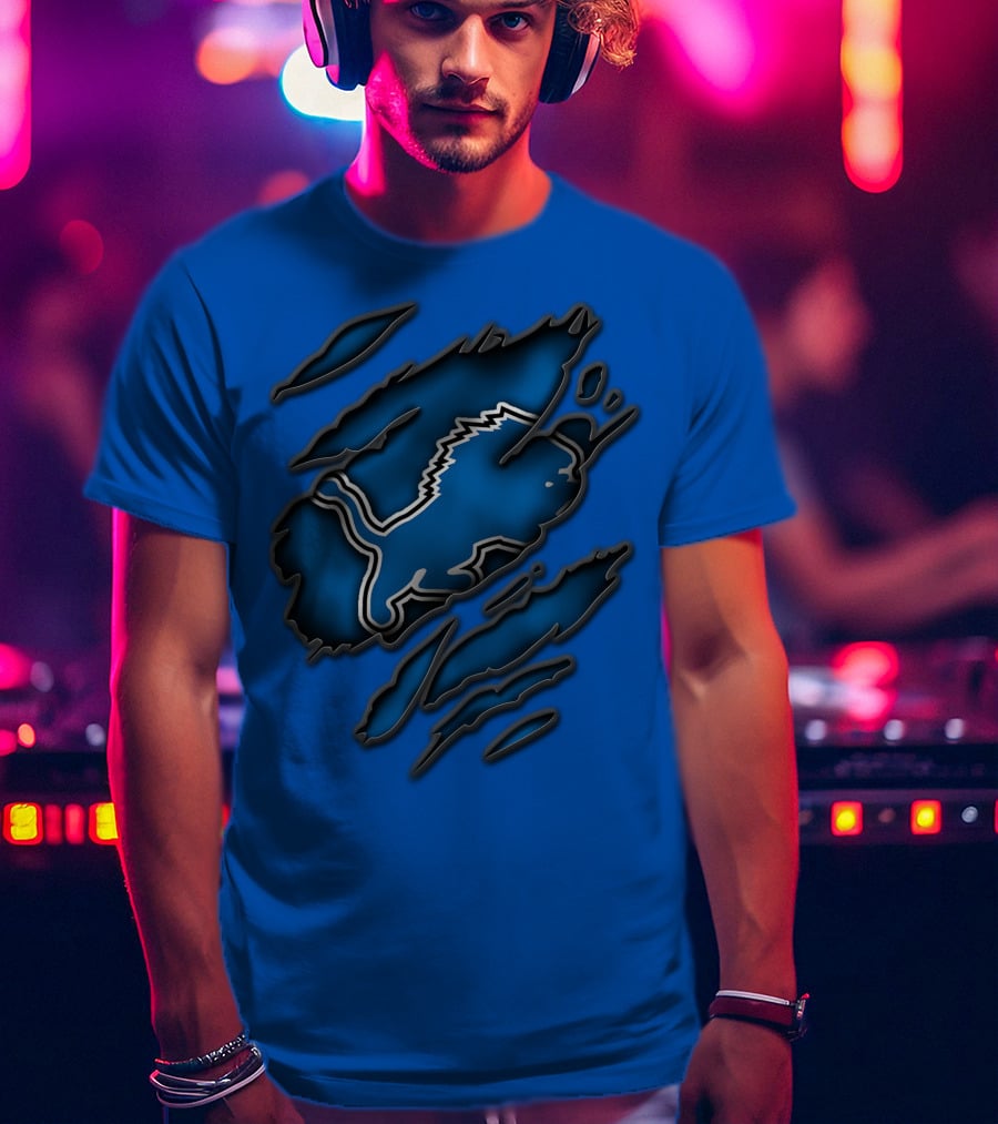 Torn Detroit Lions Blue Texture With Iconic Lion Logo In Claw Marks T-Shirt