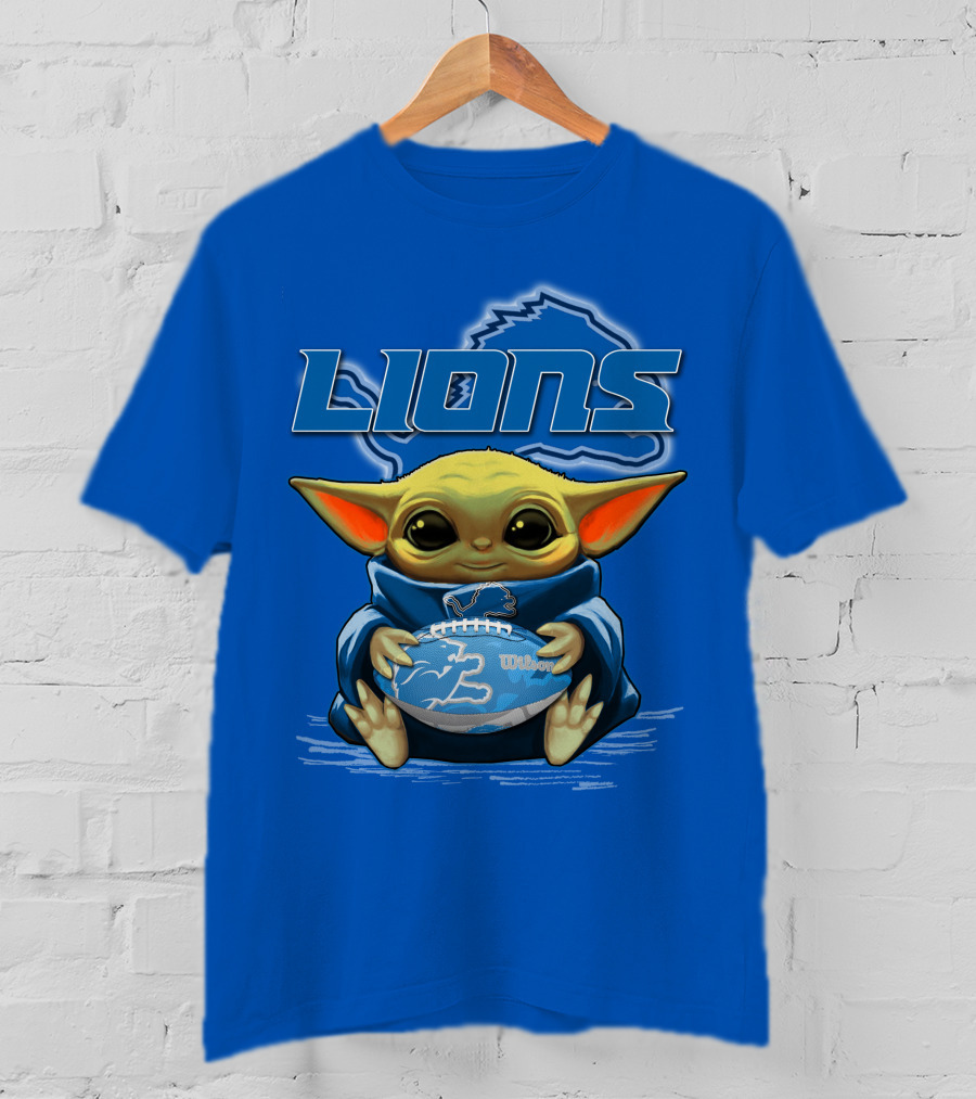 Lions Baby Yoda Holding Detroit Football Wilson Logo Fan Favorite T-Shirt