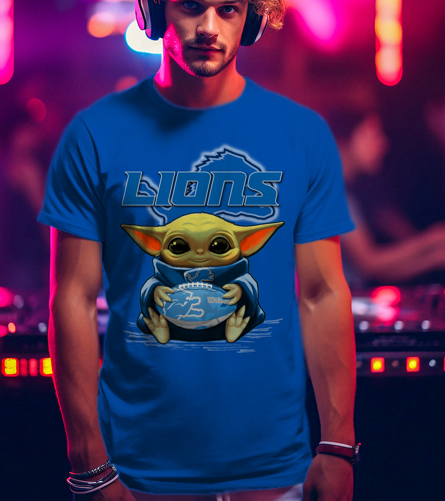 Lions Baby Yoda Holding Detroit Football Wilson Logo Fan Favorite T-Shirt