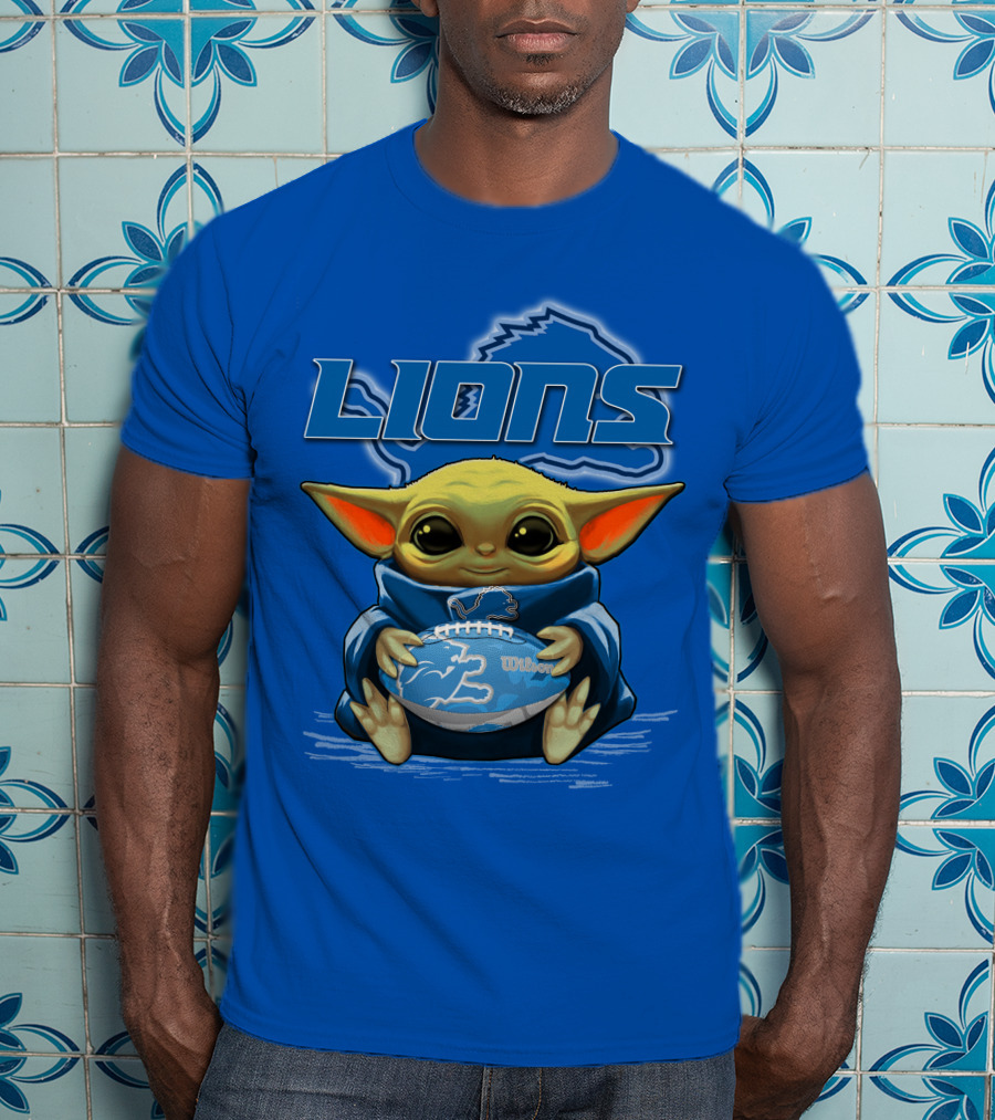 Lions Baby Yoda Holding Detroit Football Wilson Logo Fan Favorite T-Shirt