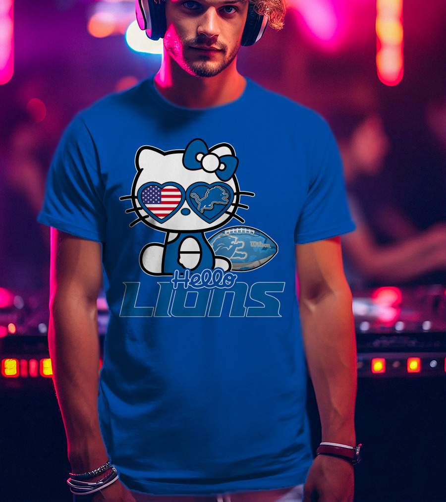 Hello Kitty Usa Detroit Lions Football Heart Glasses T-Shirt