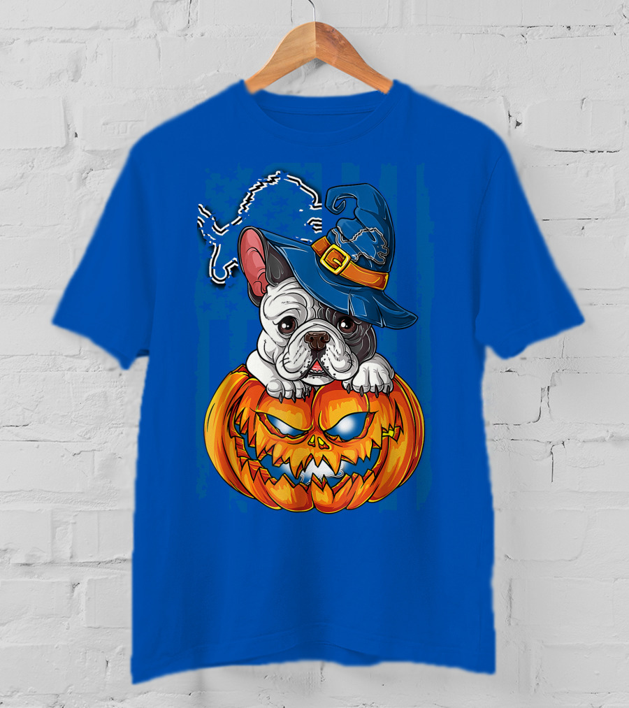 Hlw Bulldog DETROIT LIONS Halloween Bulldog Pumpkin Pajama Football Fan Gift T-Shirt