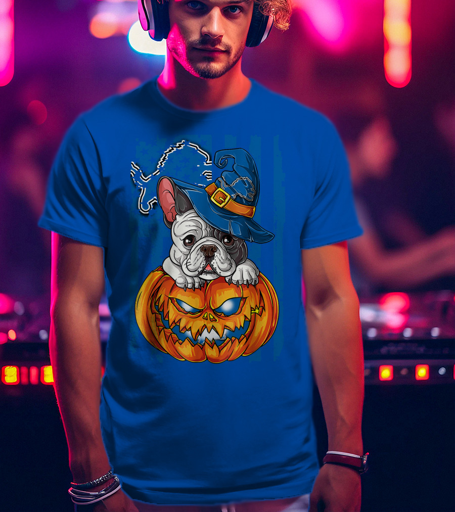 Hlw Bulldog DETROIT LIONS Halloween Bulldog Pumpkin Pajama Football Fan Gift T-Shirt