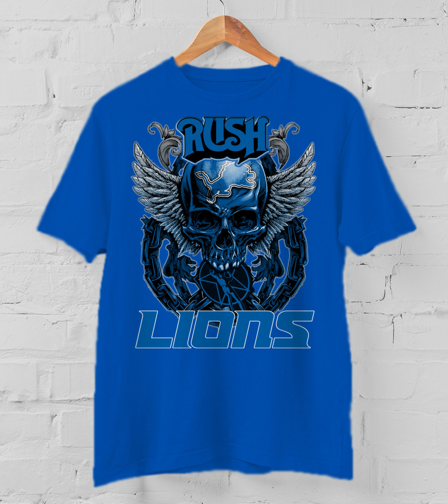 Rush Detroit Lions Skull With Wings And Chains T-Shirt