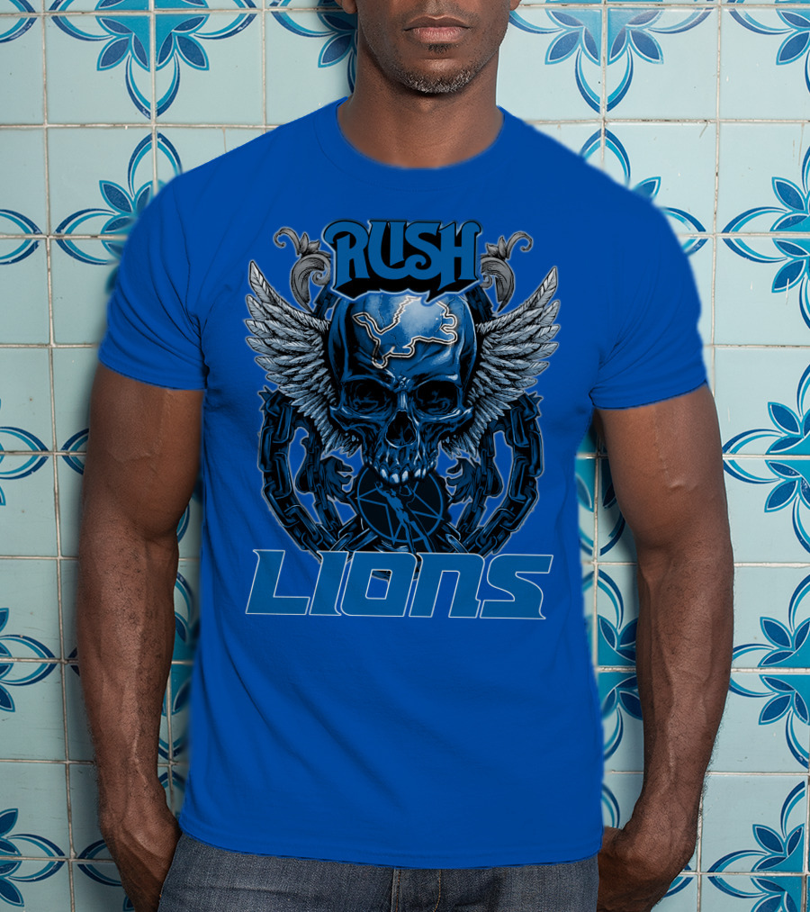 Rush Detroit Lions Skull With Wings And Chains T-Shirt