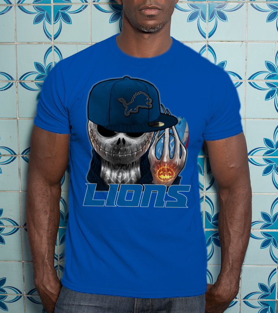 LIONS Jackskull Detroit Football Pumpkin Face Cap T-Shirt