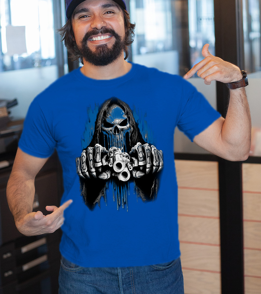Detroit Lions 67 Grim Reaper Skeleton Guns T-Shirt