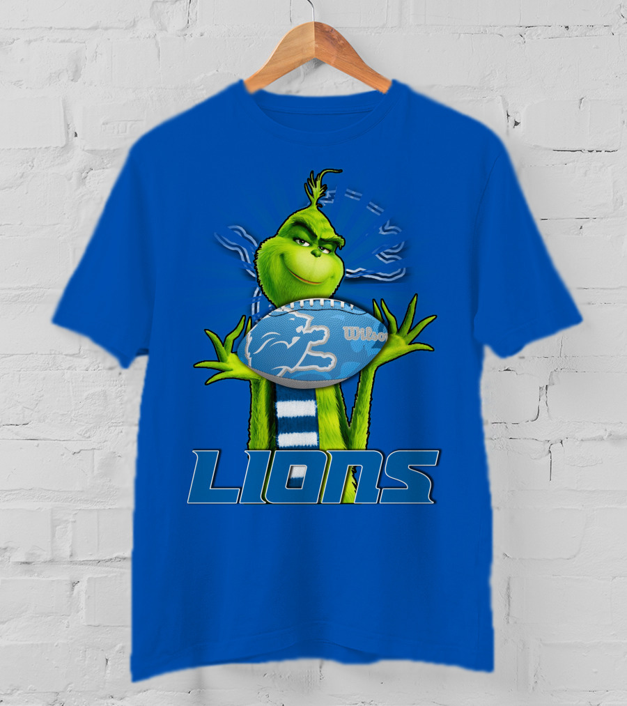 Grinch Holding Detroit Lions Football Blue T-Shirt