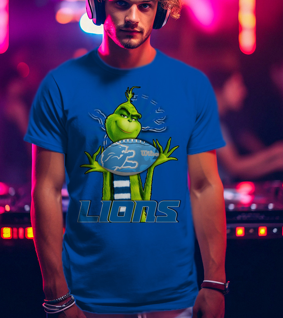 Grinch Holding Detroit Lions Football Blue T-Shirt
