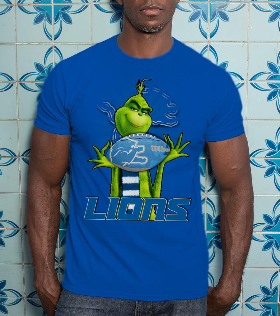 Grinch Holding Detroit Lions Football Blue T-Shirt