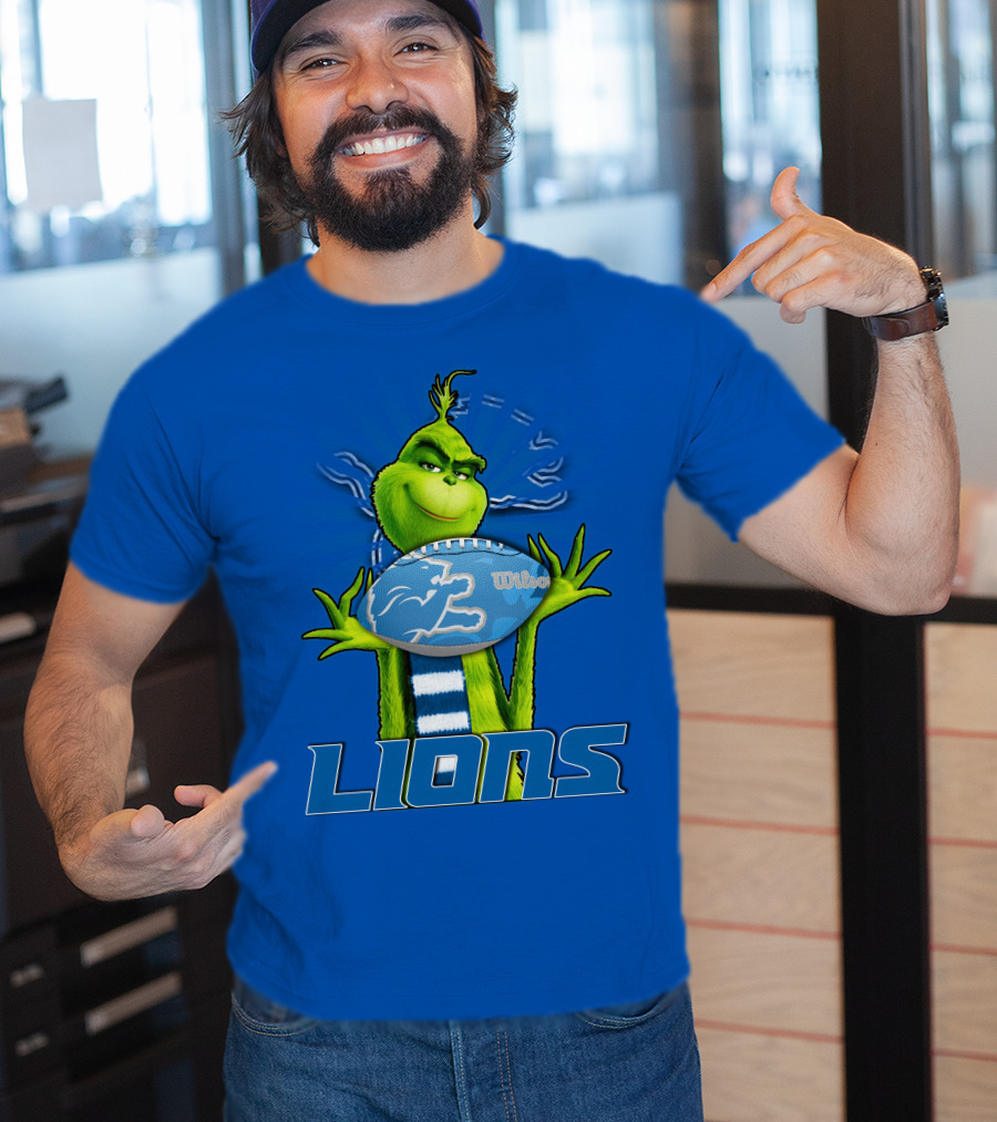 Grinch Holding Detroit Lions Football Blue T-Shirt