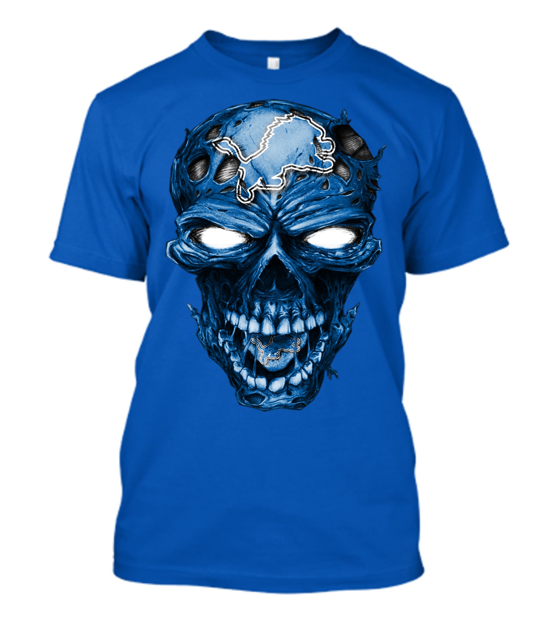 Skull Detroit Lions Distressed Blue Grunge T-Shirt