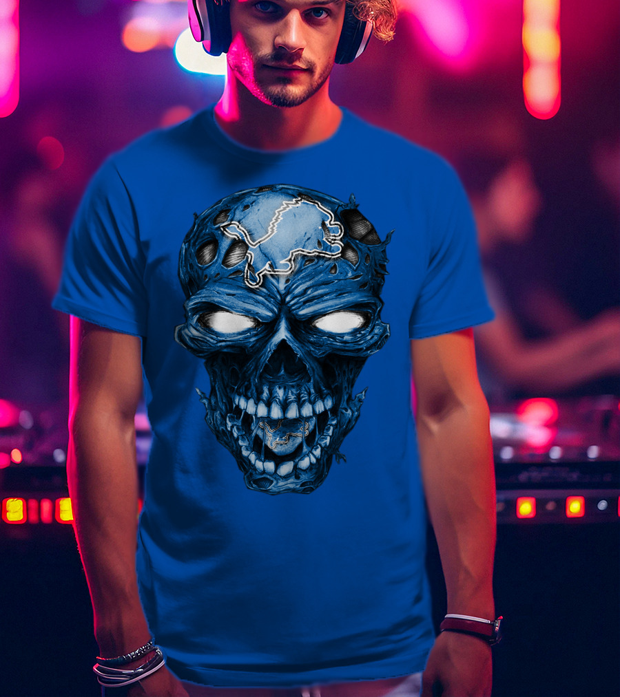 Skull Detroit Lions Distressed Blue Grunge T-Shirt