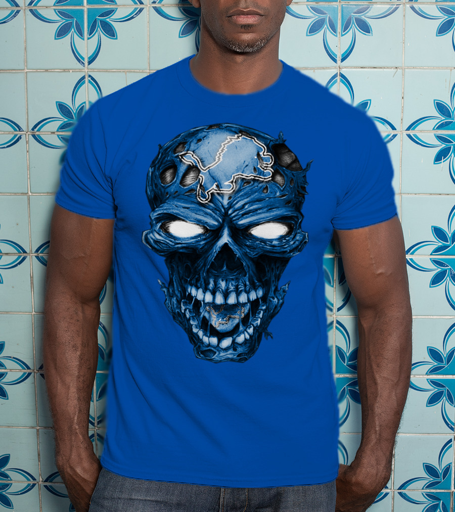Skull Detroit Lions Distressed Blue Grunge T-Shirt