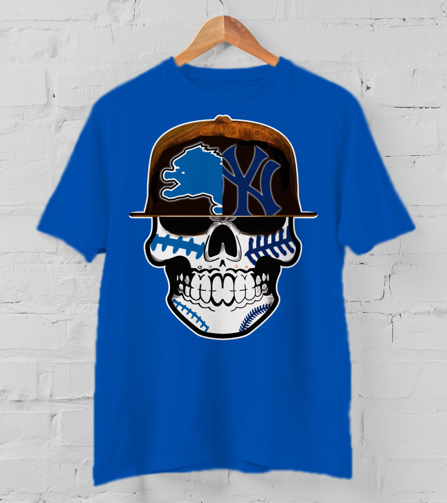 Detroit Lions Yankees Skull Blue Baseball Hat 74 T-Shirt