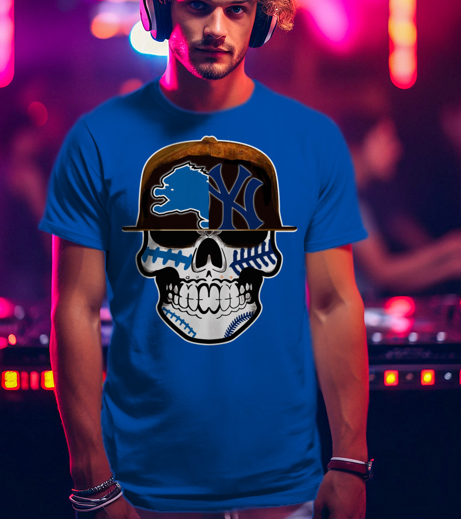 Detroit Lions Yankees Skull Blue Baseball Hat 74 T-Shirt